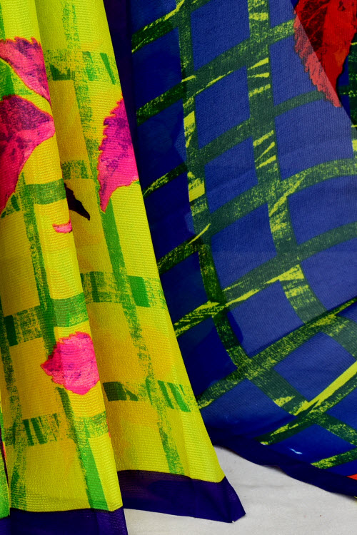 Yellow-Blue Printed Georgette Saree with Blouse
