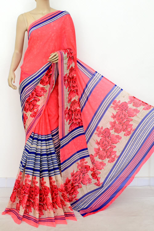 Peach-Blue Printed Georgette Saree with Blouse