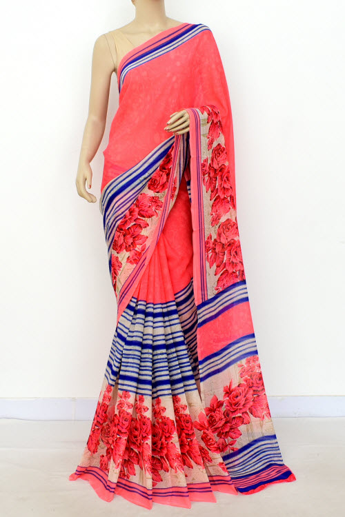Peach-Blue Printed Georgette Saree with Blouse