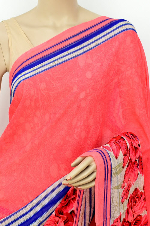 Peach-Blue Printed Georgette Saree with Blouse