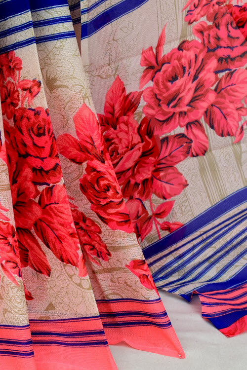 Peach-Blue Printed Georgette Saree with Blouse