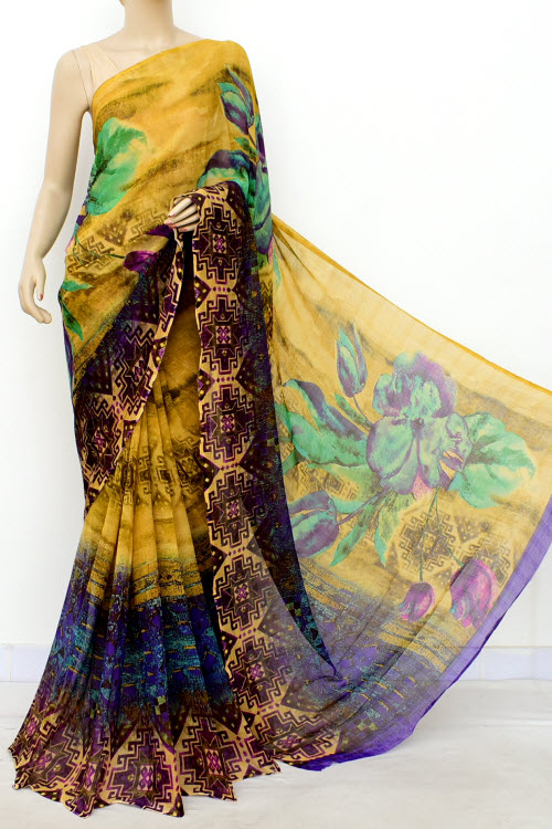 Mustard Yellow-Brown Printed Georgette Saree with Blouse