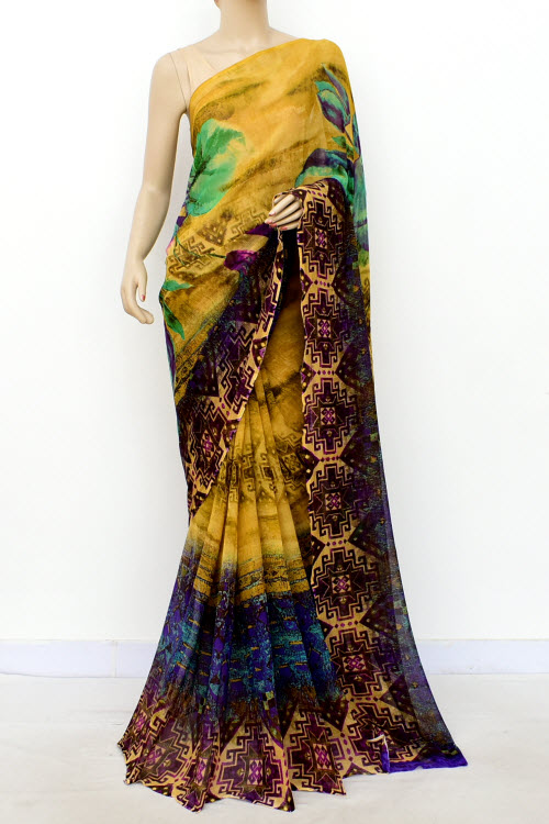 Mustard Yellow-Brown Printed Georgette Saree with Blouse