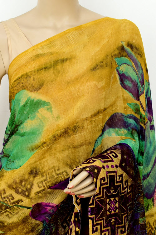 Mustard Yellow-Brown Printed Georgette Saree with Blouse