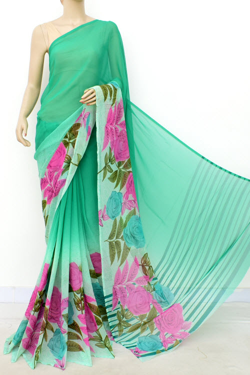 Pista Green Printed Georgette Saree with Blouse