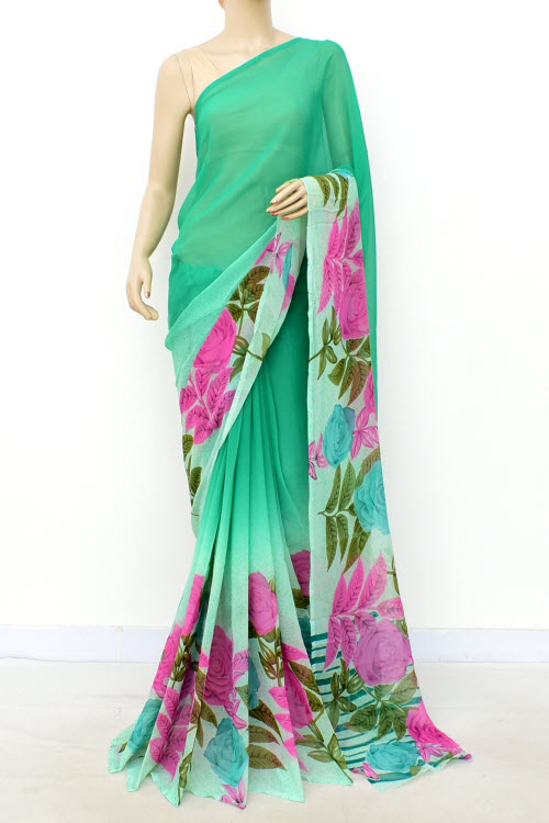 Pista Green Printed Georgette Saree with Blouse