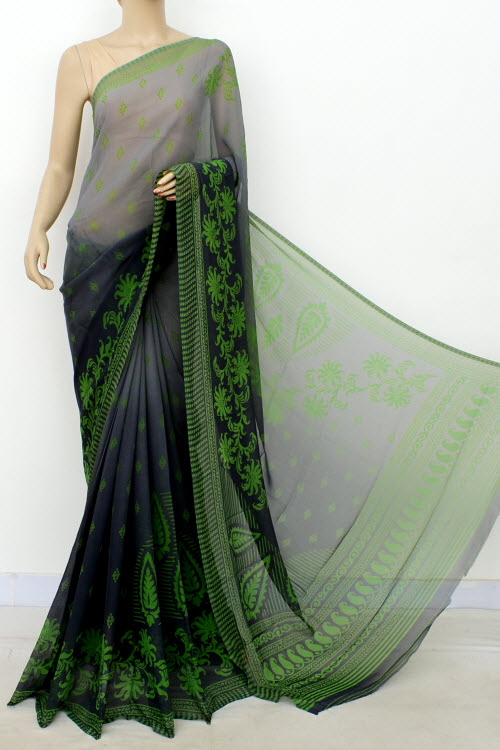 Grey-Green Printed Georgette Saree with Blouse