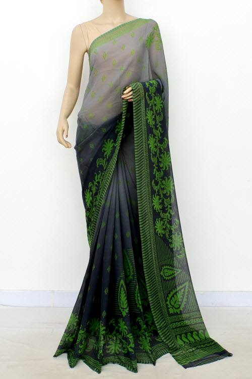 Grey-Green Printed Georgette Saree with Blouse