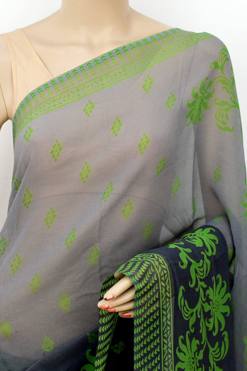 Grey-Green Printed Georgette Saree with Blouse