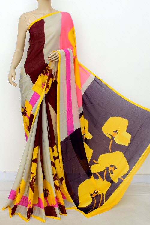 Yellow-Pink Printed Georgette Saree with Blouse