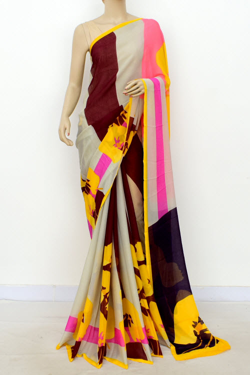Yellow-Pink Printed Georgette Saree with Blouse
