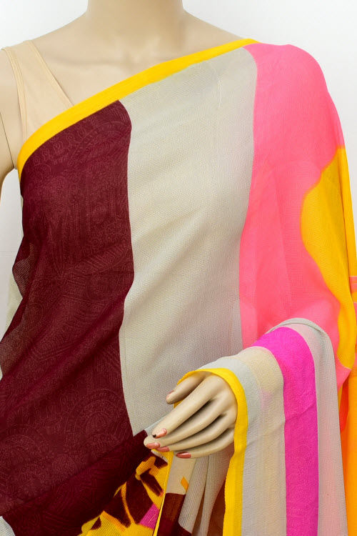 Yellow-Pink Printed Georgette Saree with Blouse