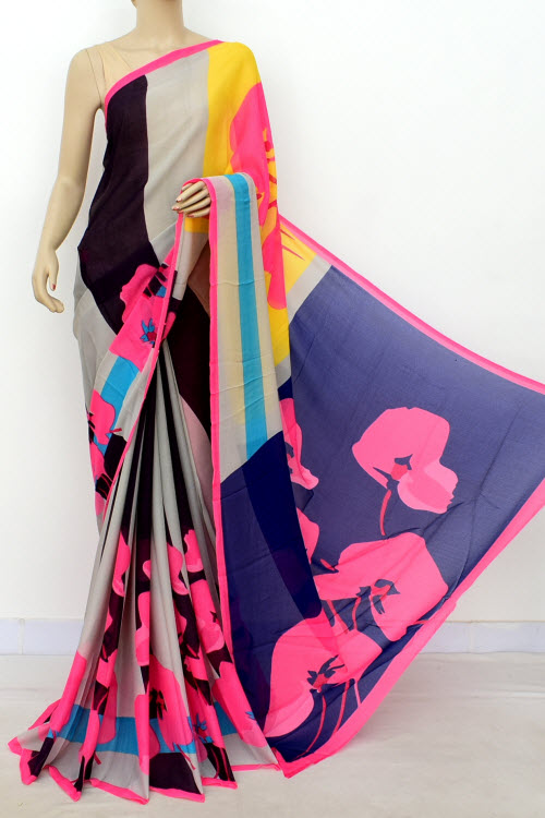 Pink-Blue Printed Georgette Saree with Blouse