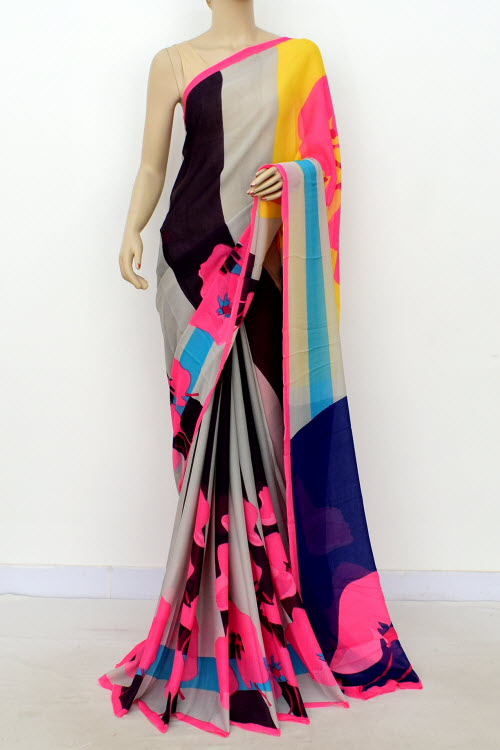 Pink-Blue Printed Georgette Saree with Blouse