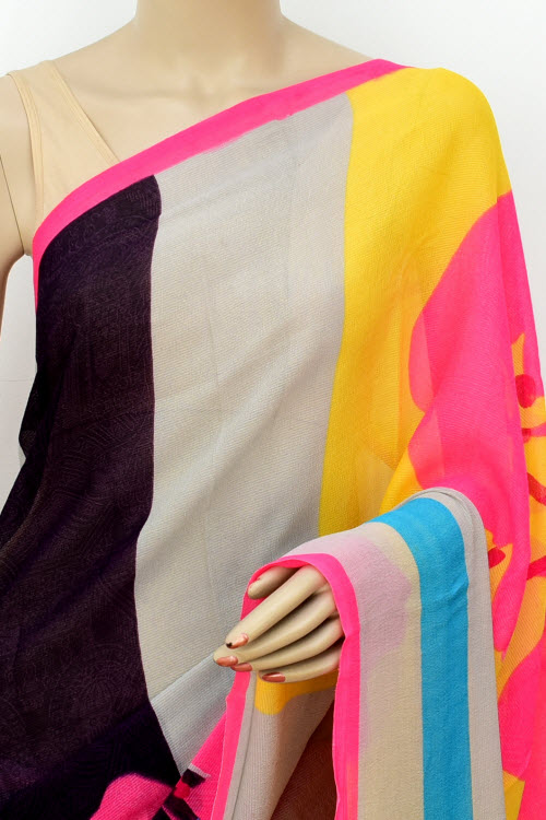 Pink-Blue Printed Georgette Saree with Blouse