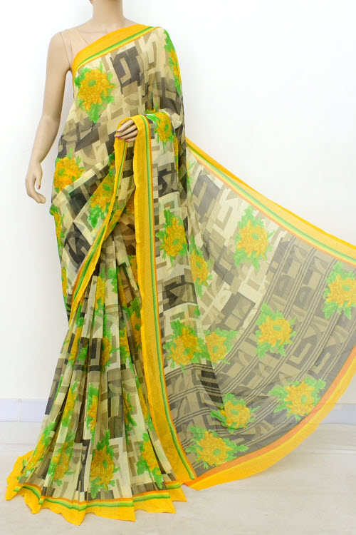 Yellow Printed Georgette Saree with Blouse