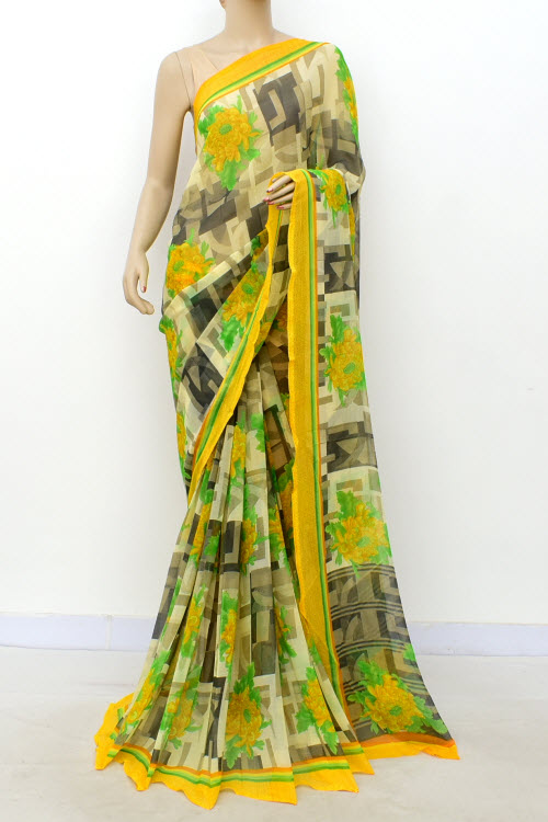 Yellow Printed Georgette Saree with Blouse