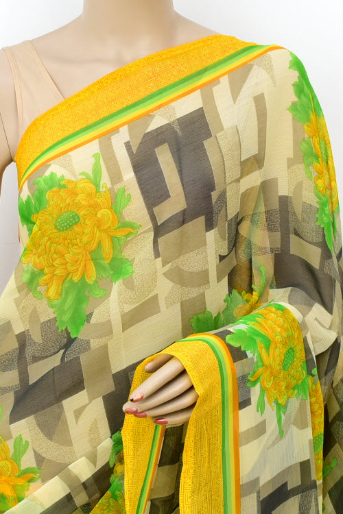 Yellow Printed Georgette Saree with Blouse