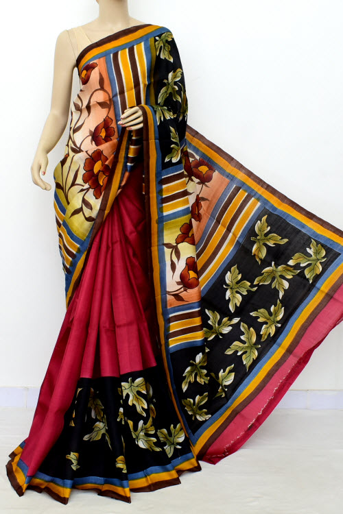 Maroon-Black Double Knitted Handloom Pure Silk Saree