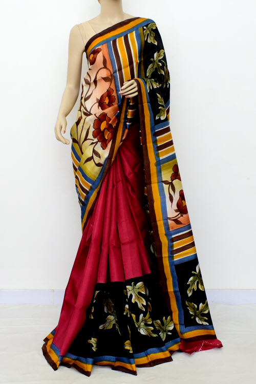 Maroon-Black Double Knitted Handloom Pure Silk Saree