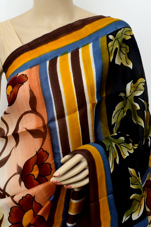 Maroon-Black Double Knitted Handloom Pure Silk Saree