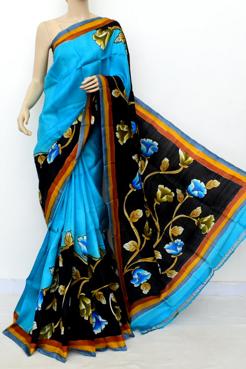 Pherozi Blue Double Knitted Handloom Pure Silk Saree