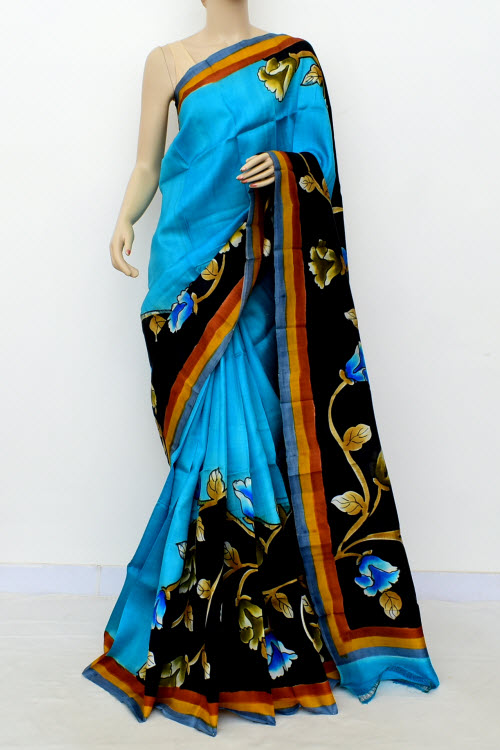 Pherozi Blue Double Knitted Handloom Pure Silk Saree