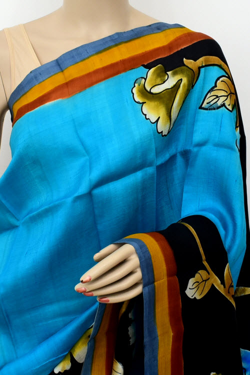 Pherozi Blue Double Knitted Handloom Pure Silk Saree