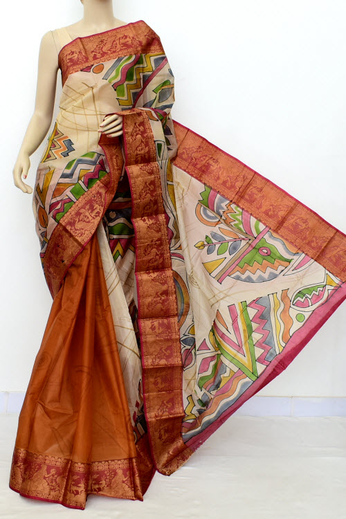 Brown-Fawn Handloom Tusser Silk Saree