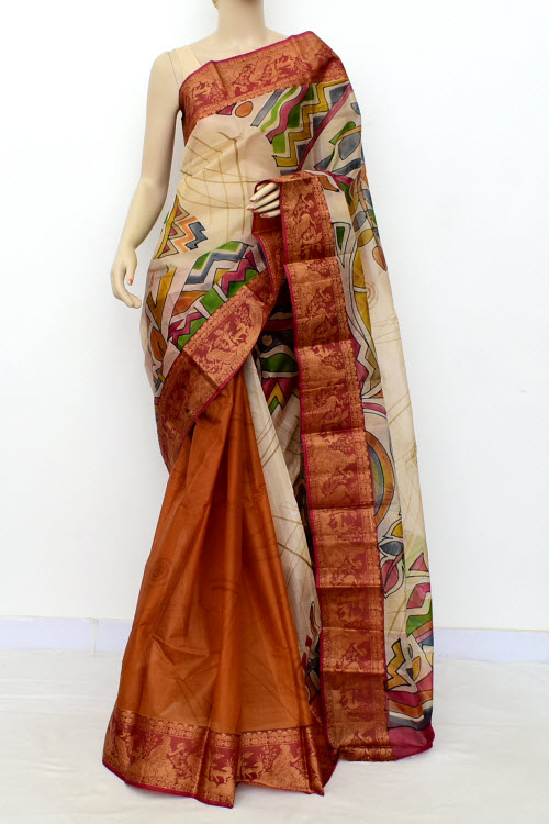 Brown-Fawn Handloom Tusser Silk Saree