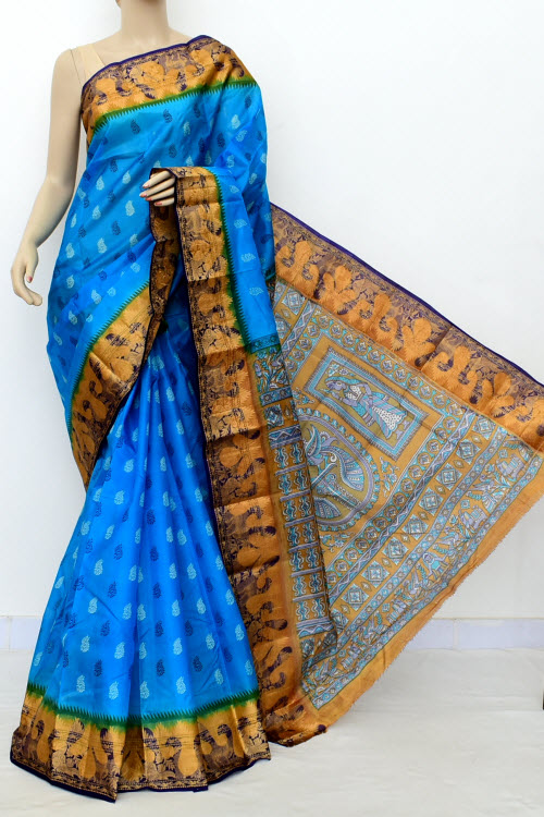 Pherozi Blue Handloom Tusser Silk Saree