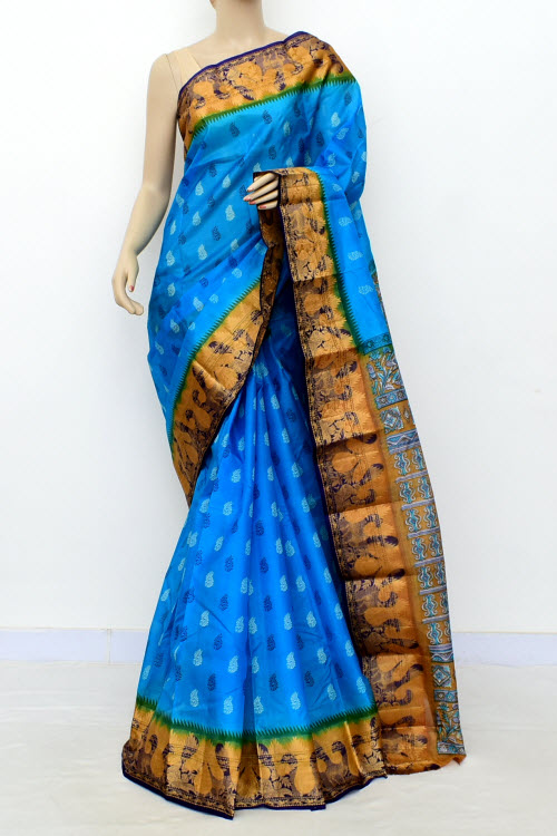 Pherozi Blue Handloom Tusser Silk Saree