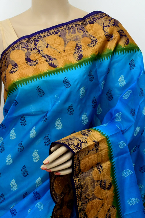 Pherozi Blue Handloom Tusser Silk Saree