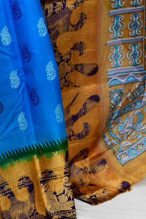 Pherozi Blue Handloom Tusser Silk Saree