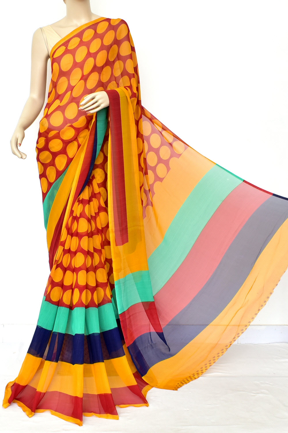 Red-Yellow Printed Georgette Saree with Blouse