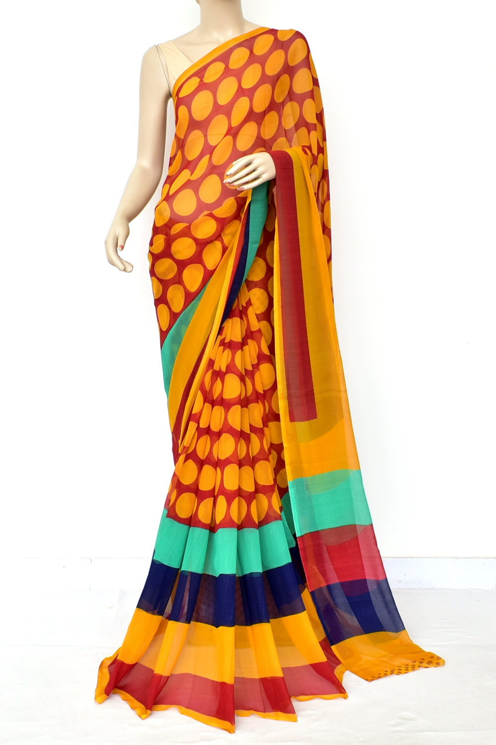 Red-Yellow Printed Georgette Saree with Blouse
