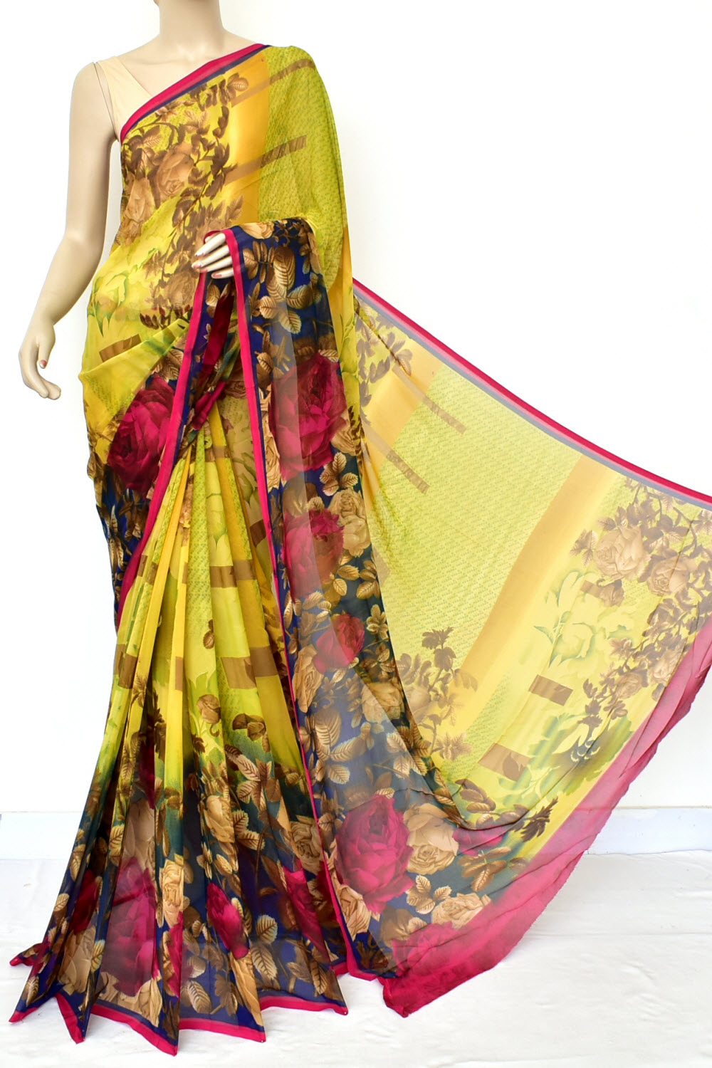 Mustard Yellow Printed Georgette Saree with Blouse