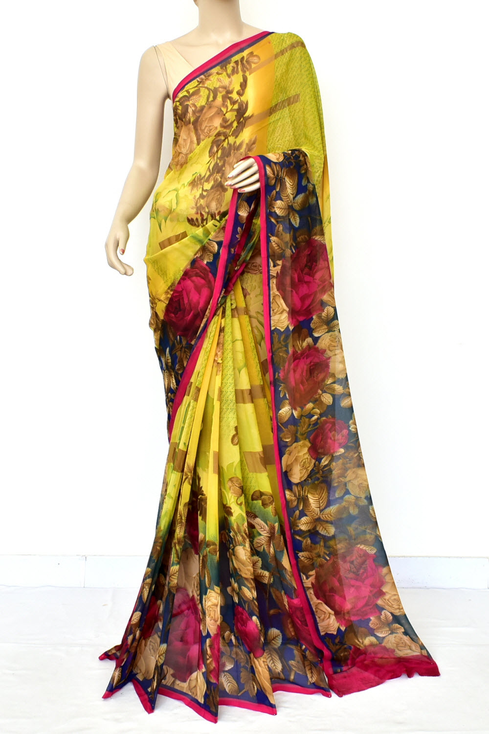 Mustard Yellow Printed Georgette Saree with Blouse