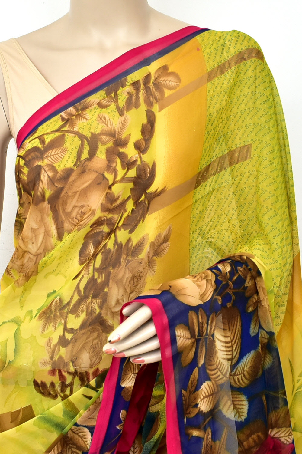Mustard Yellow Printed Georgette Saree with Blouse