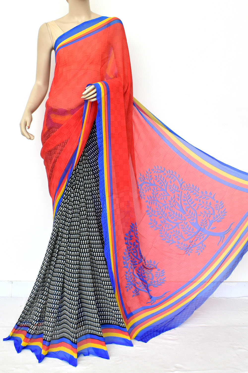 Red-Blue Printed Georgette Saree with Blouse