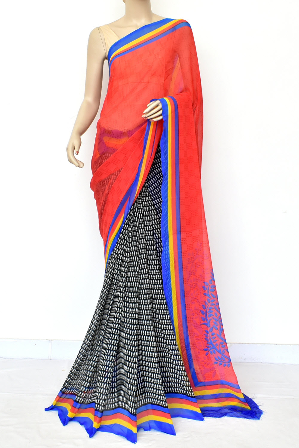 Red-Blue Printed Georgette Saree with Blouse