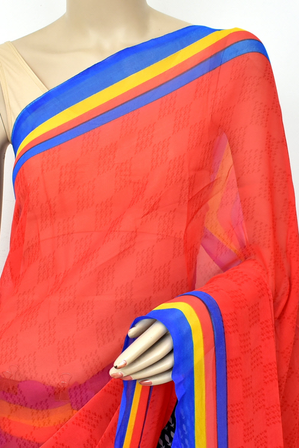 Red-Blue Printed Georgette Saree with Blouse