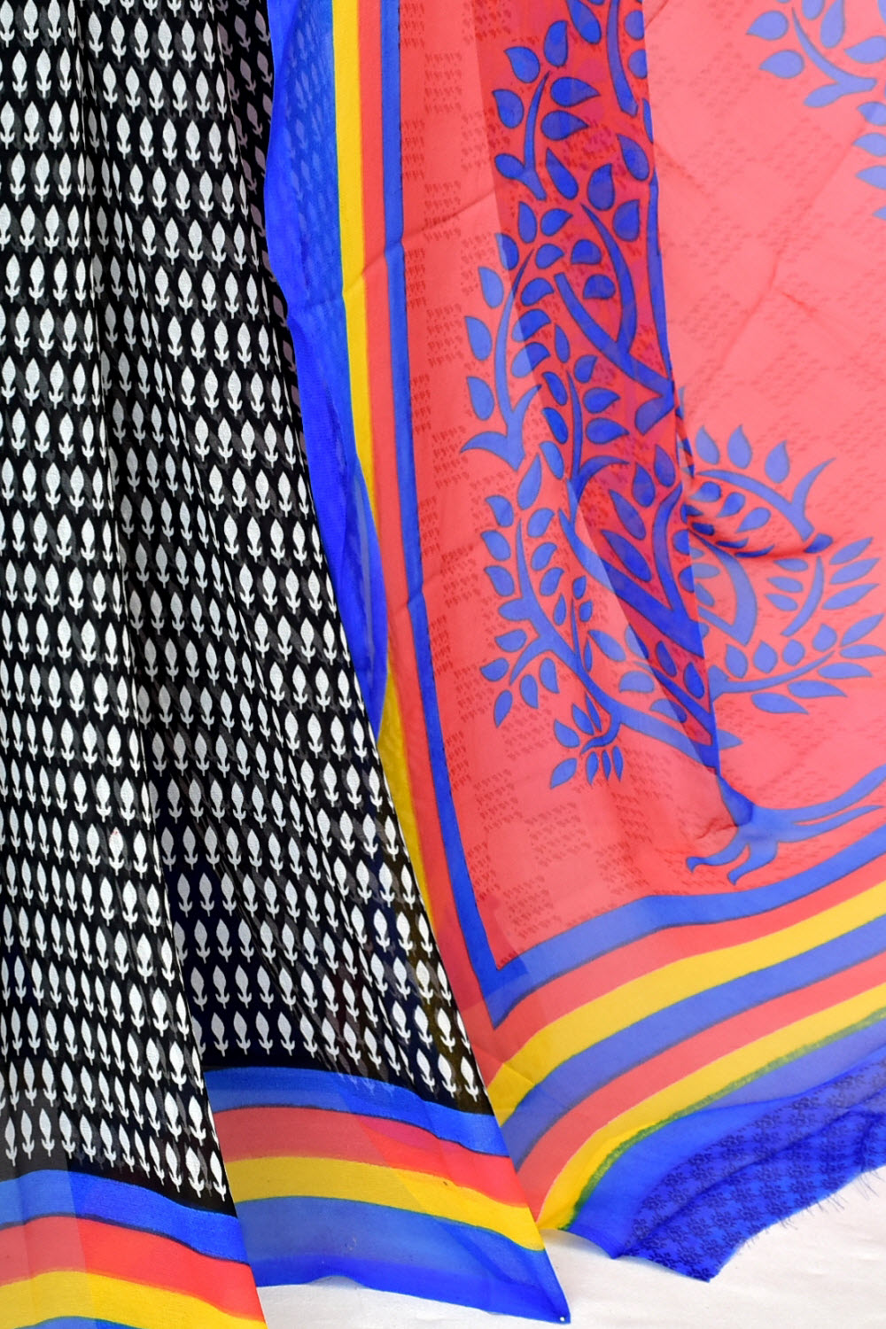 Red-Blue Printed Georgette Saree with Blouse