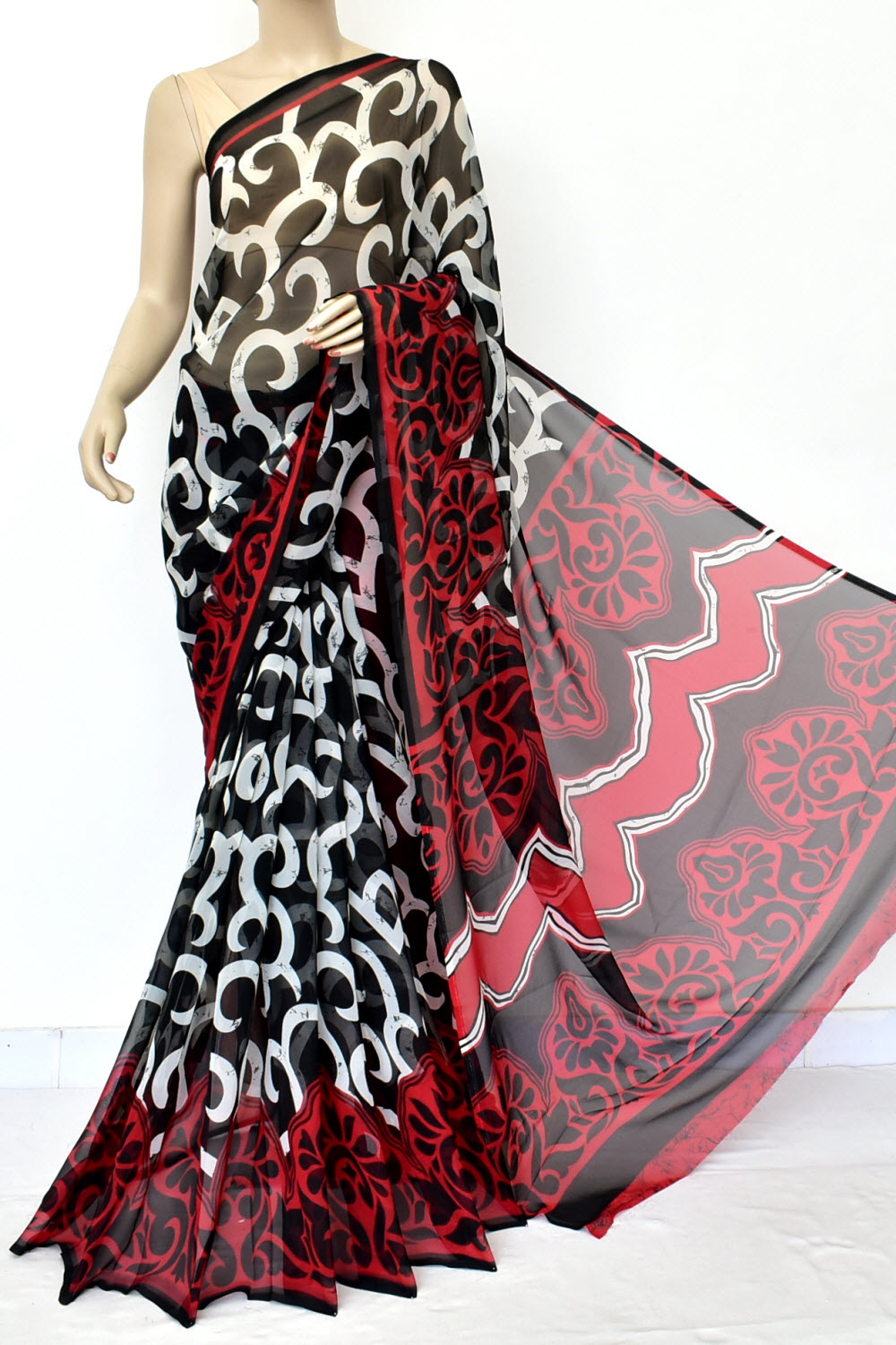 Red-Black Printed Georgette Saree with Blouse