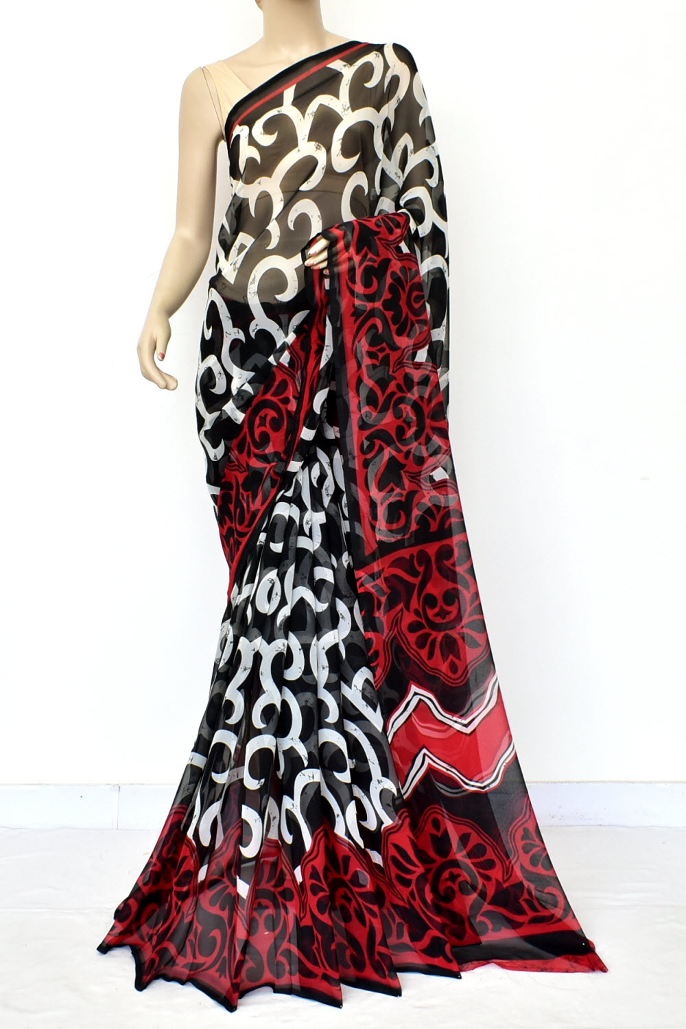 Red-Black Printed Georgette Saree with Blouse
