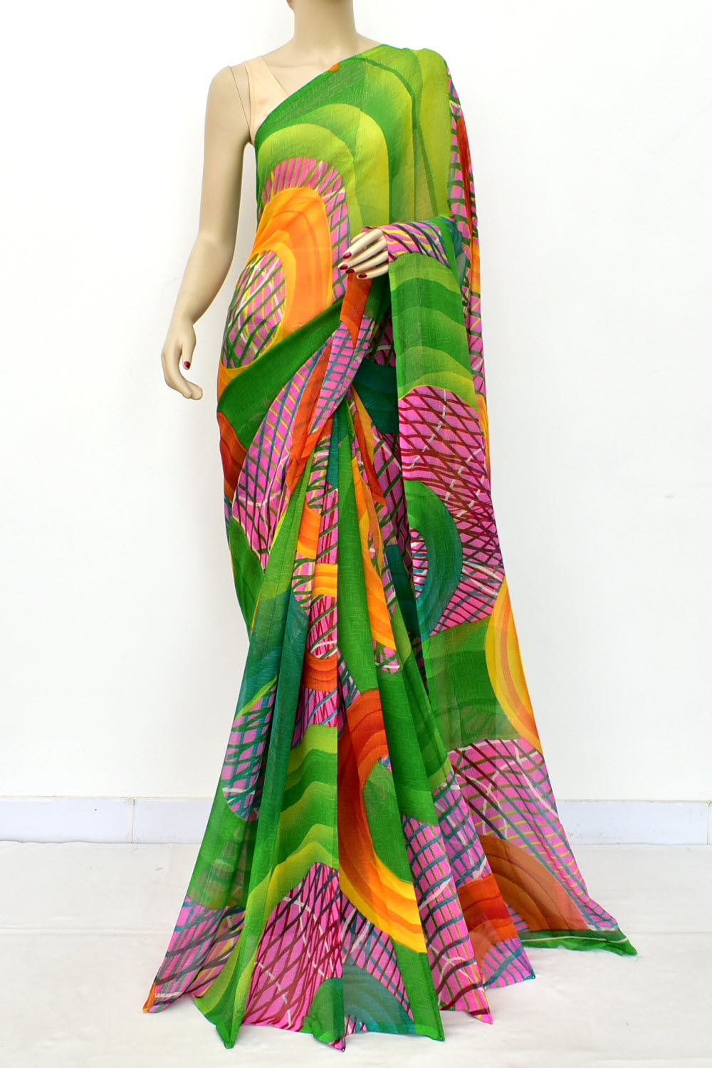 Green Printed Georgette Saree with Blouse
