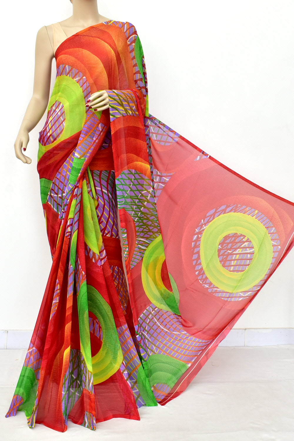 Red Printed Georgette Saree with Blouse