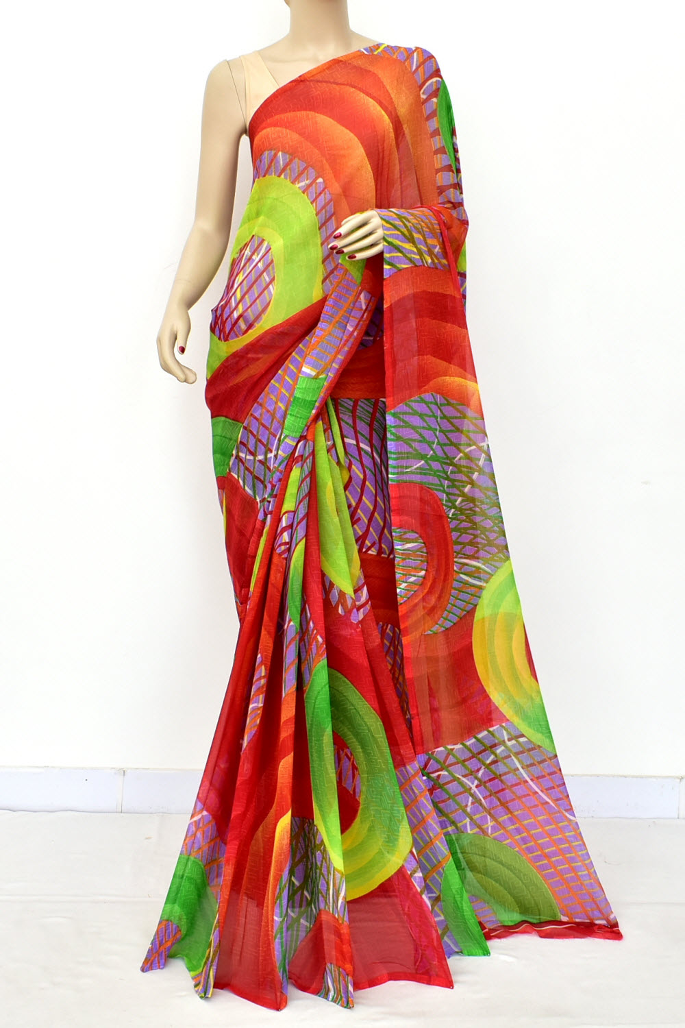 Red Printed Georgette Saree with Blouse