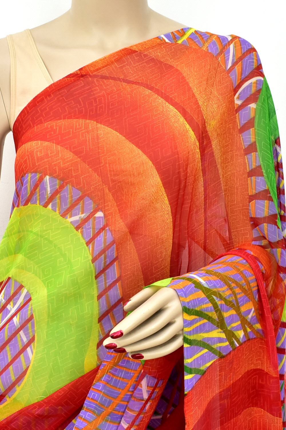 Red Printed Georgette Saree with Blouse