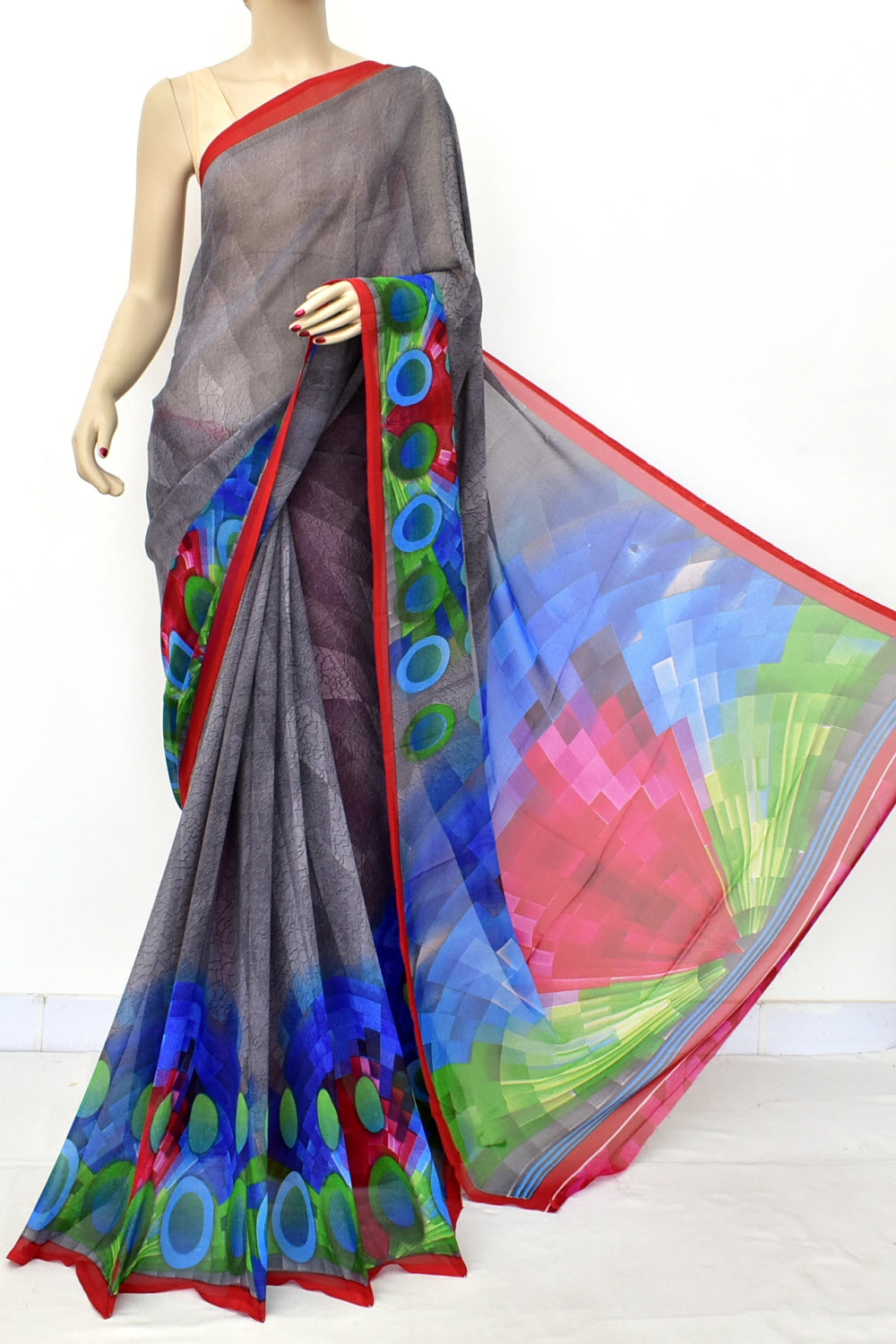Grey Printed Georgette Saree with Blouse